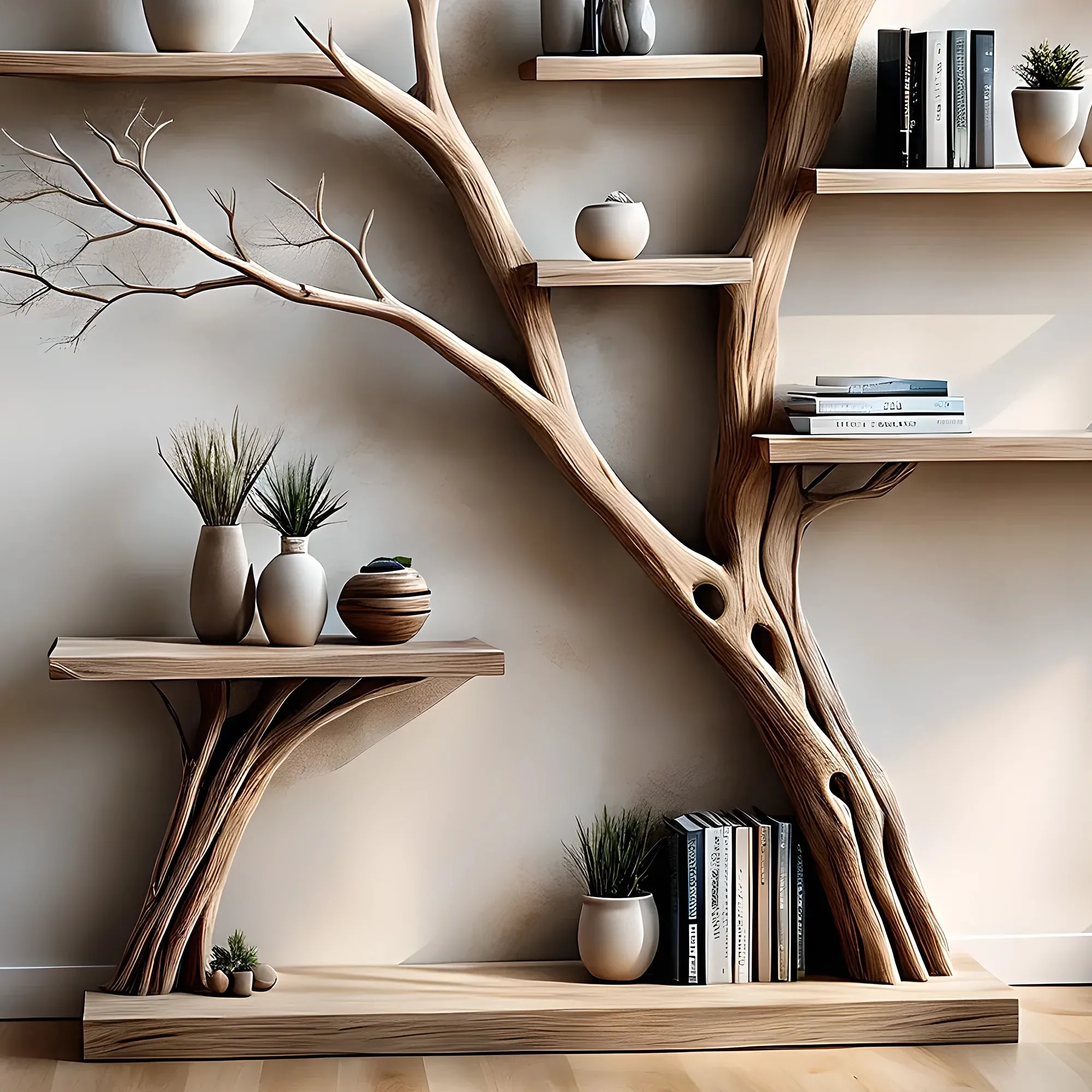 Tree-Shaped Floating Bookshelf with Side Table
