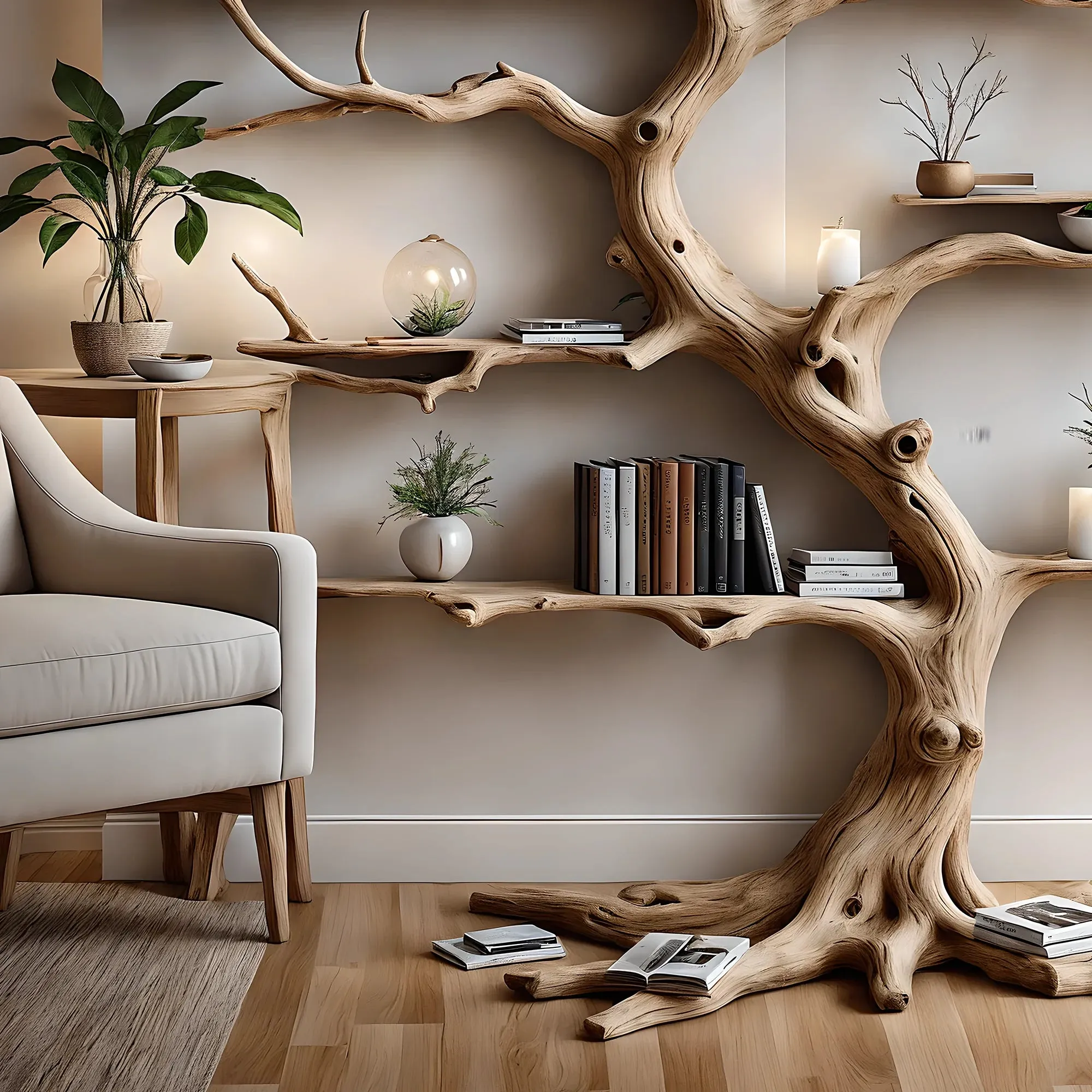Tree-Shaped Driftwood Bookshelf, Solid Wood
