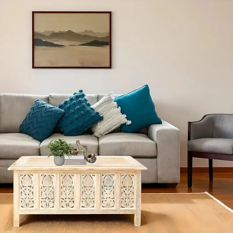 Carved Solid Wood Coffee Table, Boho Style