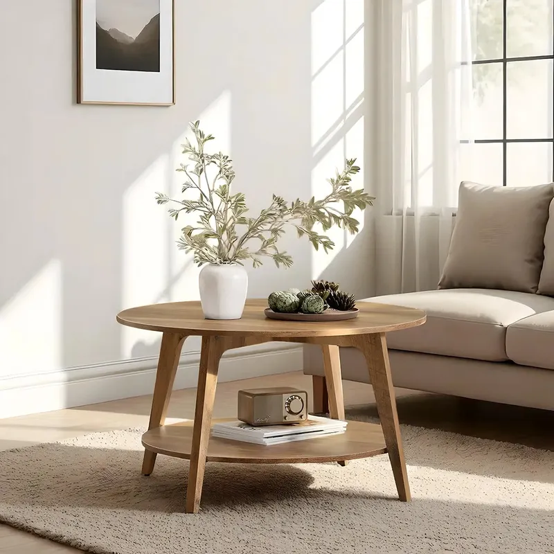 Round Wooden Coffee Table, Minimalist, Two Tiers